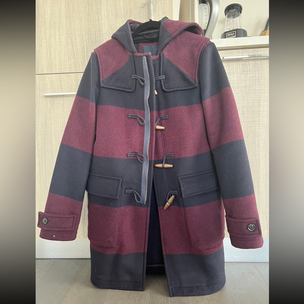 Tommy Hilfiger Hooded Wool Black Red Striped Coat Unisex Men Size S Women Size L